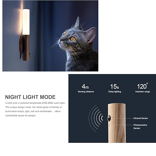 Glass Wood Motion Sensor LED Night Light, Motion Activated,Wall Lights Battery Operated,Rechargeable Wall Lights,Wireless Wall Light,Suitable For Corridors, Stairs, Bedrooms, Brown
