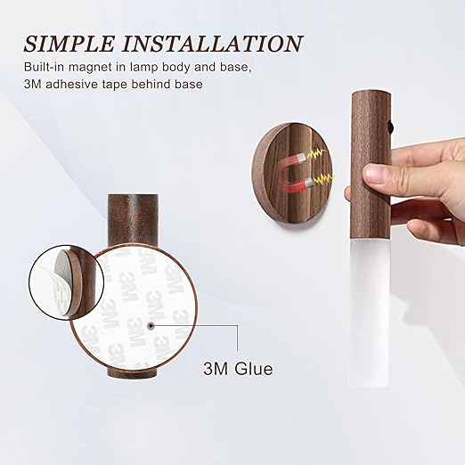 Glass Wood Motion Sensor LED Night Light, Motion Activated,Wall Lights Battery Operated,Rechargeable Wall Lights,Wireless Wall Light,Suitable For Corridors, Stairs, Bedrooms, Brown