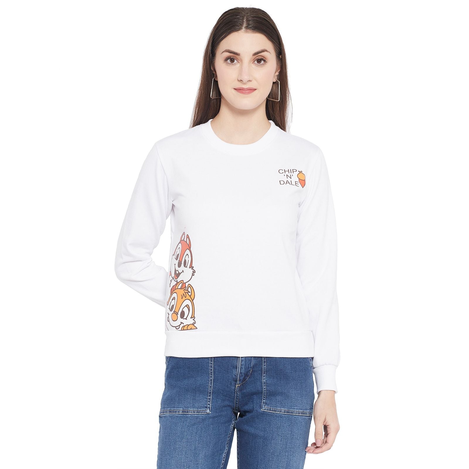 Popster White Printed Fleece Round Neck Regular Fit Long Sleeve Womens Sweatshirt - Premium  from Roposo Clout - Just $850! Shop now at Mystical9