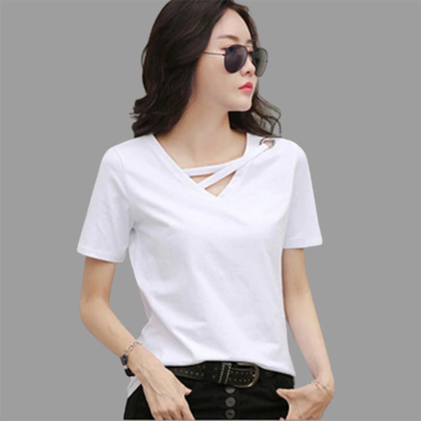 Popster White solid Cotton V-Neck Regular Fit Half Sleeve Womens T-Shirt - Premium  from Roposo Clout - Just $699! Shop now at Mystical9