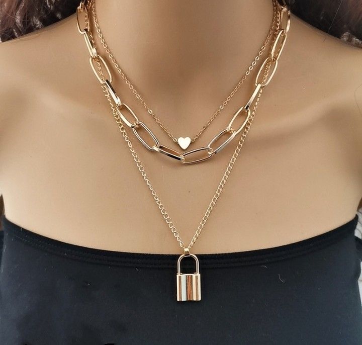 Golden Triple Layered Heart And Lock Pendant Necklace For Women & Girls - Premium  from Roposo Clout - Just $637! Shop now at Mystical9