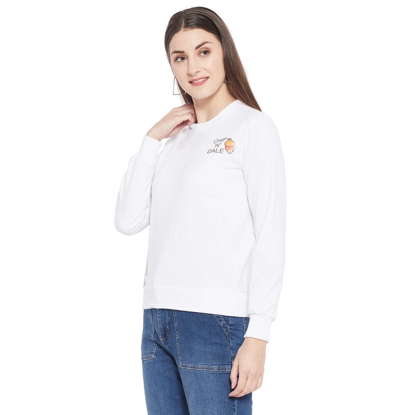 Popster White Printed Fleece Round Neck Regular Fit Long Sleeve Womens Sweatshirt - Premium  from Roposo Clout - Just $850! Shop now at Mystical9