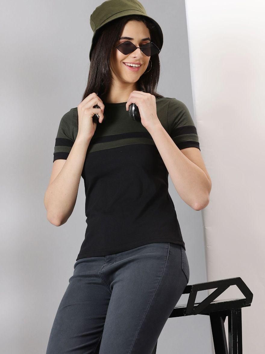 AUSK Women's Dark Colorblocked Round Neck Half Sleeve Casual T-Shirt - Premium  from Roposo Clout - Just $699! Shop now at Mystical9