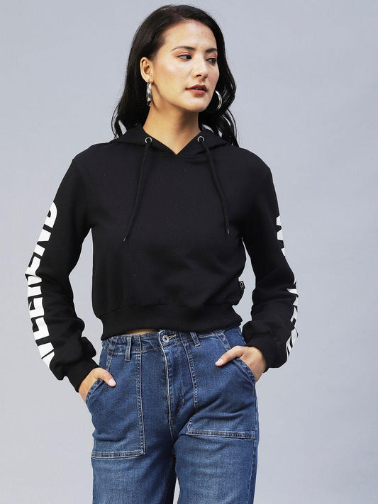 Rigo Women's Fleece Black Hooded Printed Sleeves Fleece Sweatshirt - Premium  from Roposo Clout - Just $950! Shop now at Mystical9