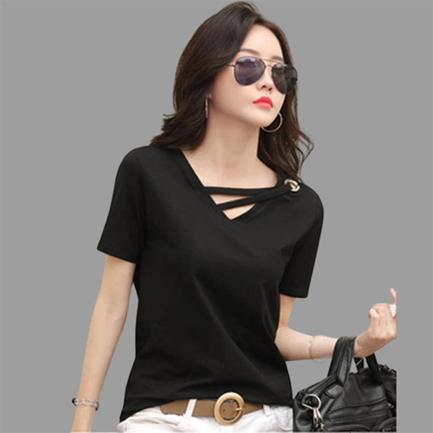 Popster Black solid Cotton V-Neck Regular Fit Half Sleeve Womens T-Shirt - Premium  from Roposo Clout - Just $681! Shop now at Mystical9