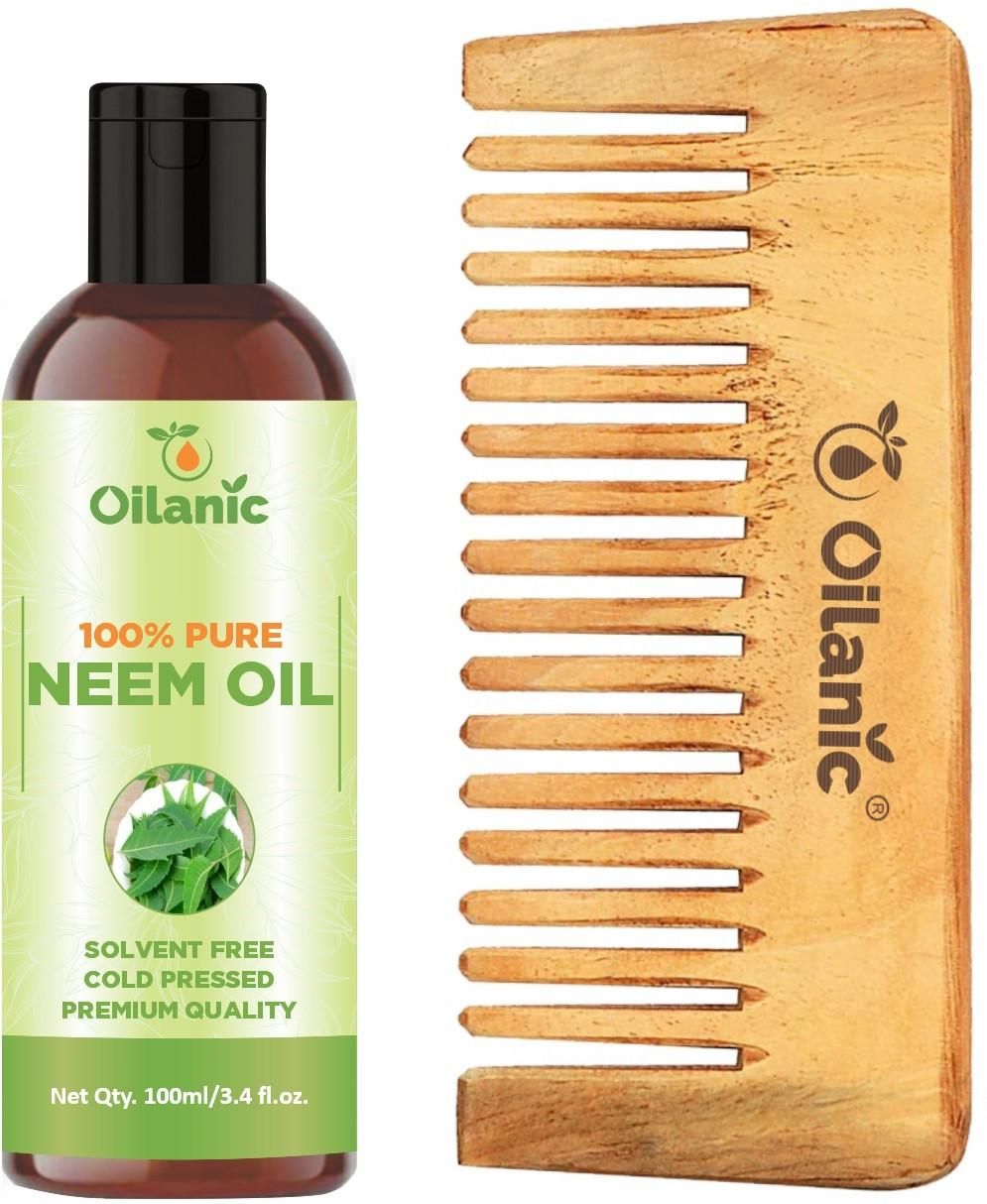 Oilanic  Pure & Natural Neem Oil( 100 ml) & Herbal Handmade Medium Detangler Neem Wooden Comb(5.5 inches)- For Antidandruff Men & Women Combo Pack - Premium  from Roposo Clout - Just $600! Shop now at Mystical9